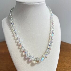 Vintage AB Crystal Necklace Clear Iridescent Graduated Silver Fishhook Clasp